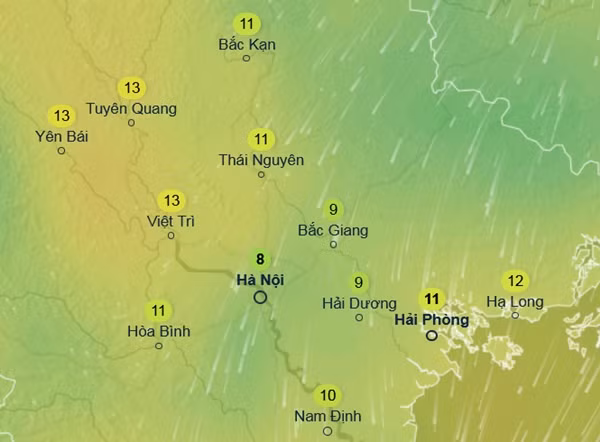 Nhiệt độ cảm nhận ở một số tỉnh thành miền Bắc vào sáng sớm 15/12 - đây được dự báo là thời điểm mà Hà Nội chạm mức nhiệt độ thấp nhất trong cả tháng này. Ảnh: Ventusky, GFS.