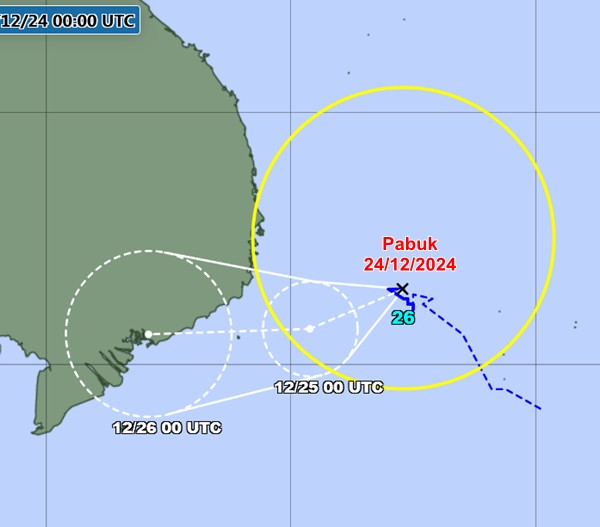 Vị trí hiện tại và đường đi dự báo của cơn bão số 10 (Pabuk), theo JMA. Ảnh: JMA.