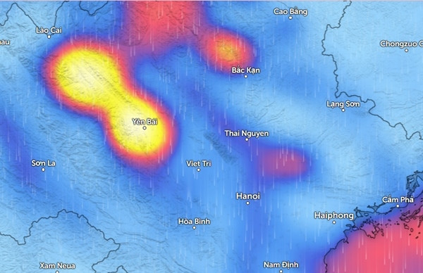 Dự báo mưa ở một số tỉnh thành miền Bắc nước ta (những vùng màu xanh da trời là mưa nhỏ đến vừa, màu đỏ là mưa vừa đến mưa to, màu vàng đến trắng là mưa rất to). Ảnh: Zoom Earth, OpenStreetMap. Dự báo mưa ở một số tỉnh thành miền Bắc nước ta (những vùng màu xanh da trời là mưa nhỏ đến vừa, màu đỏ là mưa vừa đến mưa to, màu vàng đến trắng là mưa rất to). Ảnh: Zoom Earth, OpenStreetMap.