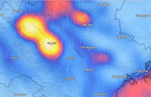Dự báo mưa ở một số tỉnh thành miền Bắc nước ta (những vùng màu xanh da trời là mưa nhỏ đến vừa, màu đỏ là mưa vừa đến mưa to, màu vàng đến trắng là mưa rất to). Ảnh: Zoom Earth, OpenStreetMap. Dự báo mưa ở một số tỉnh thành miền Bắc nước ta (những vùng màu xanh da trời là mưa nhỏ đến vừa, màu đỏ là mưa vừa đến mưa to, màu vàng đến trắng là mưa rất to). Ảnh: Zoom Earth, OpenStreetMap.