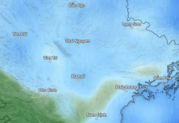 Dự báo mưa (những vùng màu xanh da trời) ở nhiều tỉnh thành miền Bắc từ sáng đến trưa Chủ Nhật, 12/5. Ảnh: Zoom Earth, OpenStreetMap.