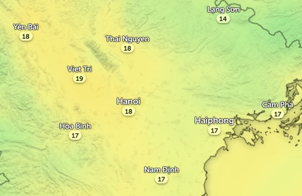 Nhiệt độ ở một số tỉnh thành miền Bắc vào sáng thứ Tư, 20/3. Ảnh: Zoom Earth, OpenStreetMap.
