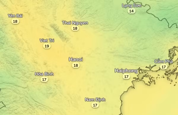 Nhiệt độ ở một số tỉnh thành miền Bắc vào sáng thứ Tư, 20/3. Ảnh: Zoom Earth, OpenStreetMap.