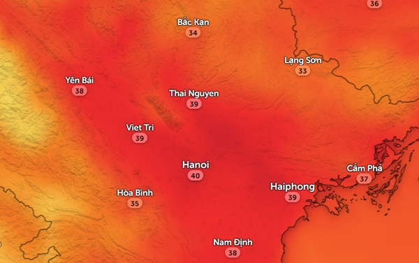 Nhiệt độ cảm nhận ở một số tỉnh thành miền Bắc vào trưa và đầu giờ chiều thứ Hai, 16/9. Ảnh: Zoom Earth, OpenStreetMap. Nhiệt độ cảm nhận ở một số tỉnh thành miền Bắc vào trưa và đầu giờ chiều thứ Hai, 16/9. Ảnh: Zoom Earth, OpenStreetMap.