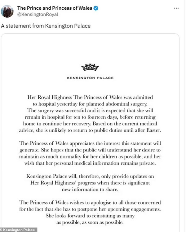 Thông báo mới được đăng của Cung điện Kensington. Ảnh: X. Thông báo mới được đăng của Cung điện Kensington. Ảnh: X.