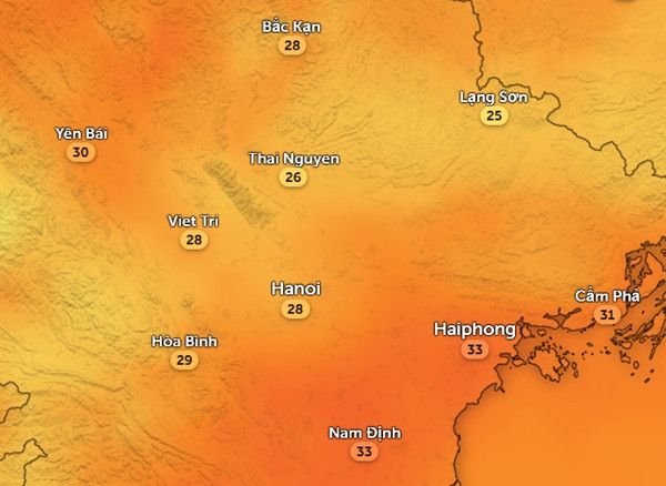 Nhiệt độ cảm nhận ở một số tỉnh thành miền Bắc vào trưa và chiều nay, 25/9. Ảnh: Zoom Earth, OpenStreetMap.