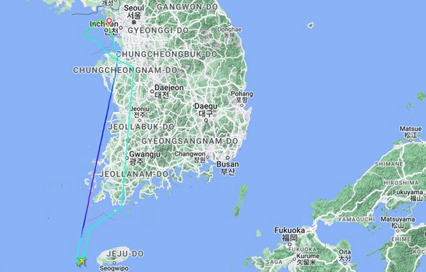 Chuyến bay KE189 bay từ Incheon đến đảo Jeju (Hàn Quốc) thì phải quay ngược lại. Ảnh: FlightRadar24.