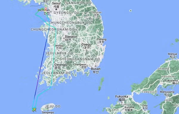 Chuyến bay KE189 bay từ Incheon đến đảo Jeju (Hàn Quốc) thì phải quay ngược lại. Ảnh: FlightRadar24.