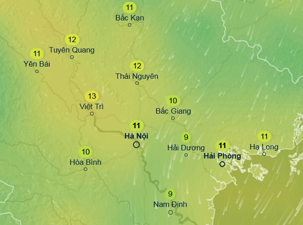 Dự báo nhiệt độ cảm nhận ở một số tỉnh thành miền Bắc vào sáng sớm 15/12 (Chủ Nhật). Ảnh: Ventusky, GFS. Dự báo nhiệt độ cảm nhận ở một số tỉnh thành miền Bắc vào sáng sớm 15/12 (Chủ Nhật). Ảnh: Ventusky, GFS.