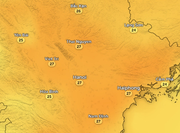 Nhiệt độ ở một số tỉnh thành miền Bắc vào trưa và chiều nay, 21/11. Trong vài ngày tới cũng tương tự. Ảnh: Zoom Earth, OpenStreetMap, GFS. Nhiệt độ ở một số tỉnh thành miền Bắc vào trưa và chiều nay, 21/11. Trong vài ngày tới cũng tương tự. Ảnh: Zoom Earth, OpenStreetMap, GFS.