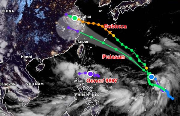 Một số người nhầm ATNĐ Gener/ 98W - dự báo sẽ vào Biển Đông và thành bão số 4 - với bão Bebinca hoặc Pulasan. Ảnh: Zoom Earth, JMA, JTWC. Một số người nhầm ATNĐ Gener/ 98W - dự báo sẽ vào Biển Đông và thành bão số 4 - với bão Bebinca hoặc Pulasan. Ảnh: Zoom Earth, JMA, JTWC.