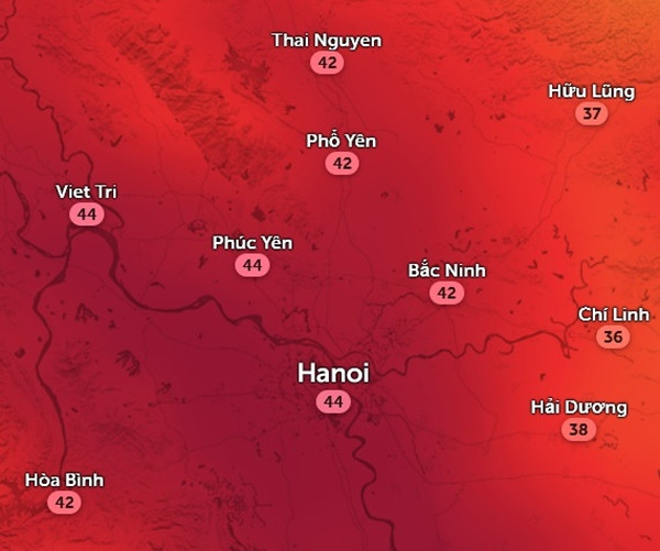 Đa số các tỉnh thành miền Bắc đều rất nóng trong phần lớn kỳ nghỉ lễ 30/4, 1/5 năm nay. Ảnh: Zoom Earth, OpenStreetMap.