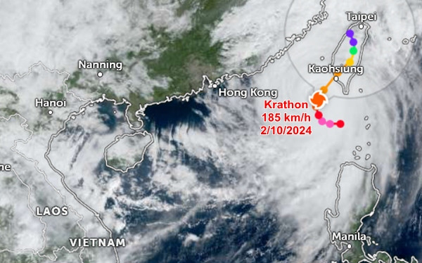Vị trí hiện tại và đường đi dự báo của bão Krathon. Ảnh: Zoom Earth, JMA, JTWC. Vị trí hiện tại và đường đi dự báo của bão Krathon. Ảnh: Zoom Earth, JMA, JTWC.