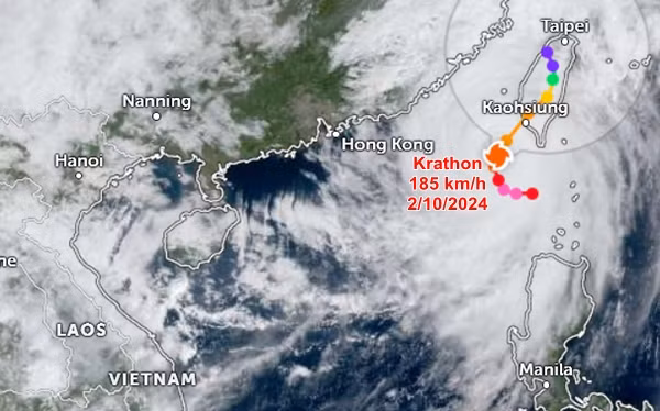Vị trí hiện tại và đường đi dự báo của bão Krathon. Ảnh: Zoom Earth, JMA, JTWC.