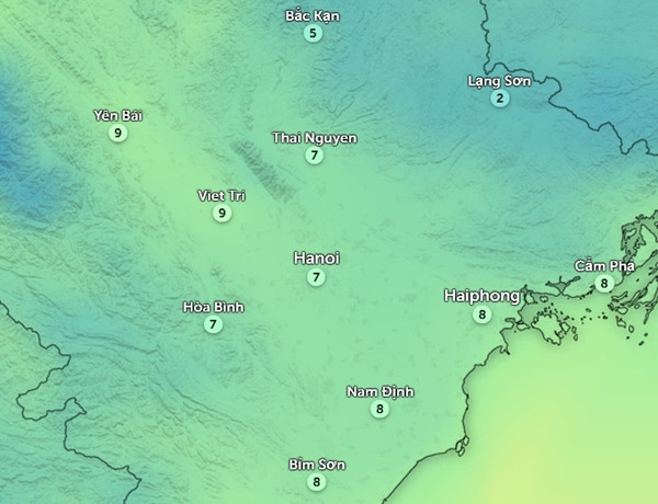 Nhiệt độ cảm nhận thực tế ngoài trời ở Hà Nội và một số tỉnh thành miền Bắc lúc 8h sáng nay, 23/1. Ảnh: Zoom Earth, OpenStreetMap.