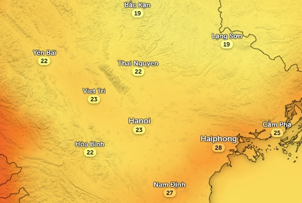 Nhiệt độ ở một số tỉnh thành miền Bắc vào chiều nay, 8/4. Ảnh: Zoom Earth, OpenStreetMap.