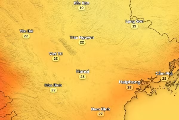 Nhiệt độ ở một số tỉnh thành miền Bắc vào chiều nay, 8/4. Ảnh: Zoom Earth, OpenStreetMap.
