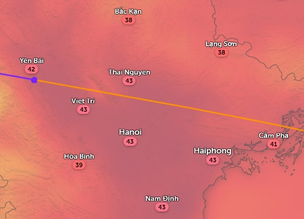 Nhiệt độ cảm nhận ở một số tỉnh thành miền Bắc vào chiều nay, 4/9. Ảnh: Zoom Earth, OpenStreetMap.