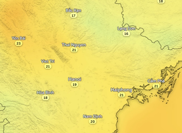 Nhiệt độ ở một số tỉnh thành miền Bắc vào sáng 5/11: Nhiều nơi trời rét (nhiệt độ dưới 20 độ C). Ảnh: Zoom Earth, OpenStreetMap, GFS. Nhiệt độ ở một số tỉnh thành miền Bắc vào sáng 5/11: Nhiều nơi trời rét (nhiệt độ dưới 20 độ C). Ảnh: Zoom Earth, OpenStreetMap, GFS.
