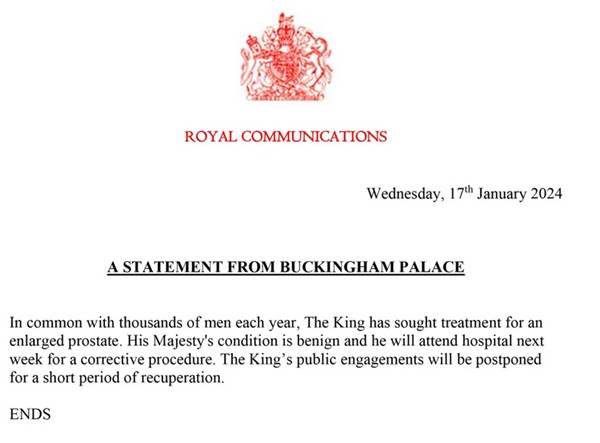 Thông báo của Cung điện Buckingham. Ảnh: Buckingham Palace. Thông báo của Cung điện Buckingham. Ảnh: Buckingham Palace.