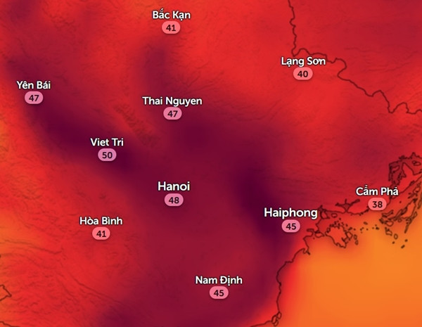 Nhiệt độ cảm nhận thực tế ngoài trời ở một số tỉnh thành miền Bắc vào chiều thứ Bảy, 27/4. Ảnh: Zoom Earth, OpenStreetMap. Nhiệt độ cảm nhận thực tế ngoài trời ở một số tỉnh thành miền Bắc vào chiều thứ Bảy, 27/4. Ảnh: Zoom Earth, OpenStreetMap.
