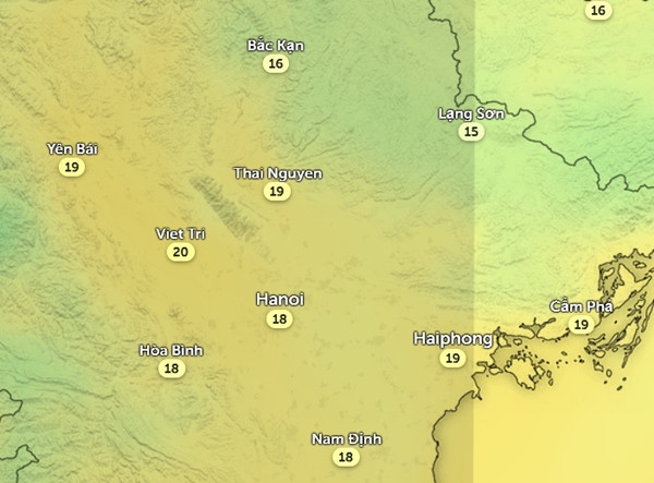 Nhiệt độ ở một số tỉnh thành miền Bắc vào sáng thứ Tư, 20/3. Ảnh: Zoom Earth, OpenStreetMap.