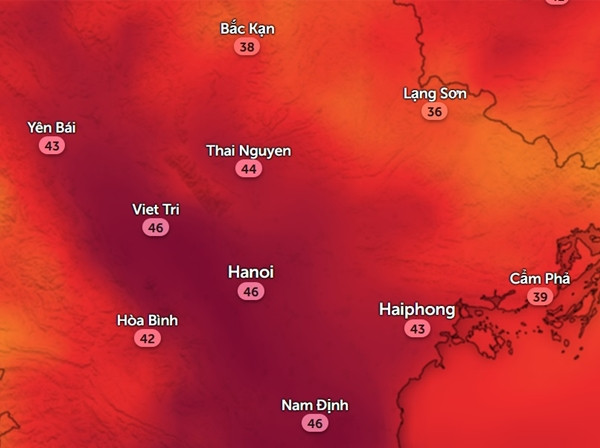 Nhiệt độ cảm nhận ở một số tỉnh thành miền Bắc vào chiều nay, 29/5. Ảnh: Zoom Earth, OpenStreetMap. Nhiệt độ cảm nhận ở một số tỉnh thành miền Bắc vào chiều nay, 29/5. Ảnh: Zoom Earth, OpenStreetMap.