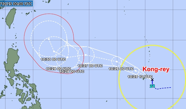 Vị trí và đường đi dự báo của bão Kong-rey, theo JMA. Ảnh: JMA. Vị trí và đường đi dự báo của bão Kong-rey, theo JMA. Ảnh: JMA.