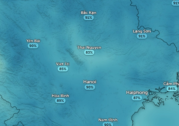 Độ ẩm ở một số tỉnh thành miền Bắc vào tối nay, 21/5. Ảnh: Zoom Earth, OpenStreetMap. Độ ẩm ở một số tỉnh thành miền Bắc vào tối nay, 21/5. Ảnh: Zoom Earth, OpenStreetMap.