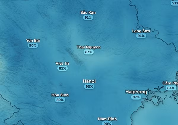 Độ ẩm ở một số tỉnh thành miền Bắc vào tối nay, 21/5. Ảnh: Zoom Earth, OpenStreetMap.