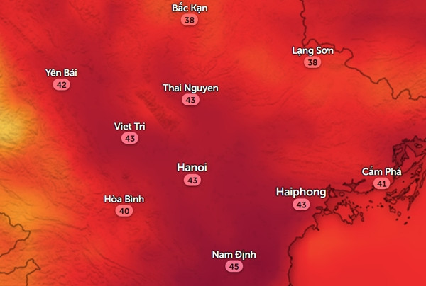 Nhiệt độ cảm nhận ở một số tỉnh thành miền Bắc vào đầu giờ chiều nay, 19/8. Ảnh: Zoom Earth, OpenStreetMap. Nhiệt độ cảm nhận ở một số tỉnh thành miền Bắc vào đầu giờ chiều nay, 19/8. Ảnh: Zoom Earth, OpenStreetMap.