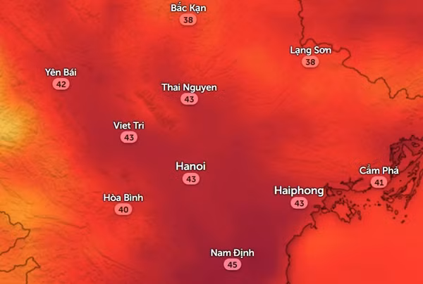 Nhiệt độ cảm nhận ở một số tỉnh thành miền Bắc vào đầu giờ chiều nay, 19/8. Ảnh: Zoom Earth, OpenStreetMap.