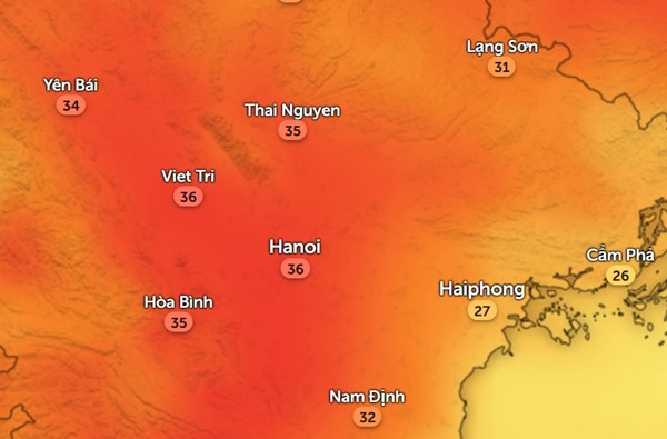 Nhiệt độ ở một số tỉnh thành miền Bắc chiều Chủ Nhật, 24/3: Nhiều nơi trời khá nóng. Ảnh: Zoom Earth, OpenStreetMap. Nhiệt độ ở một số tỉnh thành miền Bắc chiều Chủ Nhật, 24/3: Nhiều nơi trời khá nóng. Ảnh: Zoom Earth, OpenStreetMap.