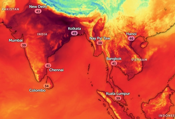 Nhiều nơi ở châu Á đều rất nóng vào chiều 29/5. Ảnh: Zoom Earth, OpenStreetMap. Nhiều nơi ở châu Á đều rất nóng vào chiều 29/5. Ảnh: Zoom Earth, OpenStreetMap.