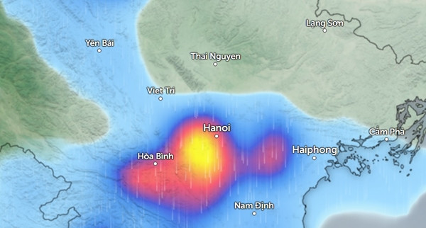 Nhiều tỉnh thành miền Bắc có mưa vào sáng thứ Ba (màu xanh là mưa nhỏ, màu đỏ là mưa vừa, màu vàng là mưa to). Ảnh: Zoom Earth, OpenStreetMap.