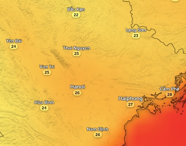 Nhiệt độ cảm nhận ở một số tỉnh thành miền Bắc vào sáng mai, 17/7: Trời mát như mùa Thu. Ảnh: Zoom Earth, OpenStreetMap. Nhiệt độ cảm nhận ở một số tỉnh thành miền Bắc vào sáng mai, 17/7: Trời mát như mùa Thu. Ảnh: Zoom Earth, OpenStreetMap.