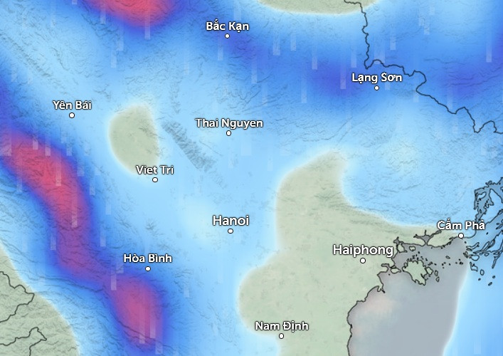 Dự báo mưa ở một số tỉnh thành miền Bắc vào chiều nay (những vùng màu xanh da trời là mưa nhỏ đến mưa vừa, màu đỏ là mưa vừa đến mưa to). Ảnh: Zoom Earth, OpenStreetMap. Dự báo mưa ở một số tỉnh thành miền Bắc vào chiều nay (những vùng màu xanh da trời là mưa nhỏ đến mưa vừa, màu đỏ là mưa vừa đến mưa to). Ảnh: Zoom Earth, OpenStreetMap.