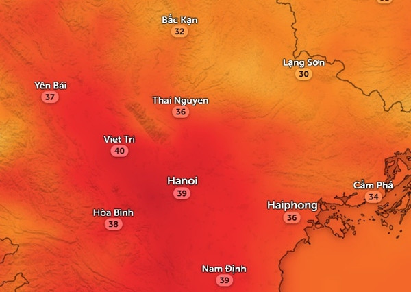 Nhiệt độ cảm nhận ở một số tỉnh thành miền Bắc vào trưa và chiều mai, 18/5: Trời khá nóng. Ảnh: Zoom Earth, OpenStreetMap. Nhiệt độ cảm nhận ở một số tỉnh thành miền Bắc vào trưa và chiều mai, 18/5: Trời khá nóng. Ảnh: Zoom Earth, OpenStreetMap.