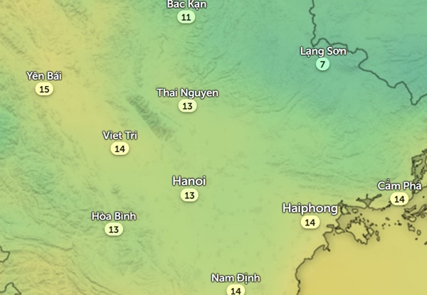 Nhiệt độ thực ở một số tỉnh thành miền Bắc vào sáng thứ Ba, 27/2. Ảnh: Zoom Earth, OpenStreetMap. Nhiệt độ thực ở một số tỉnh thành miền Bắc vào sáng thứ Ba, 27/2. Ảnh: Zoom Earth, OpenStreetMap.