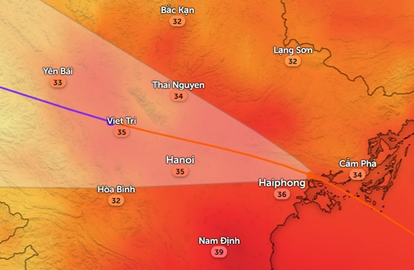 Nhiệt độ cảm nhận ở một số tỉnh thành miền Bắc vào trưa và chiều thứ Hai, 9/9. Ảnh: Zoom Earth, OpenStreetMap. Nhiệt độ cảm nhận ở một số tỉnh thành miền Bắc vào trưa và chiều thứ Hai, 9/9. Ảnh: Zoom Earth, OpenStreetMap.