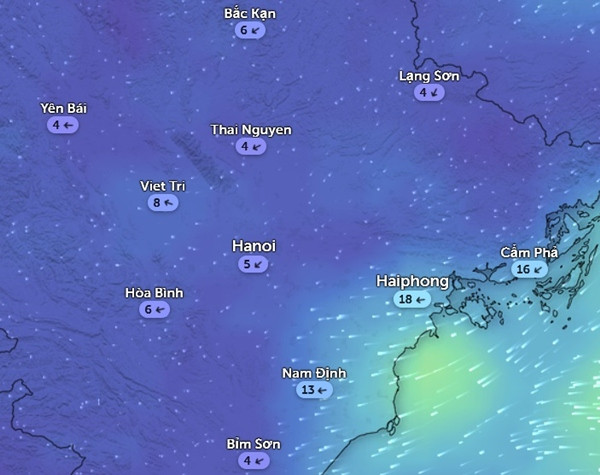 Dự báo về tốc độ và hướng gió ở Hà Nội và một số tỉnh thành miền Bắc vào sáng sớm 11/1: Hà Nội có gió Đông Bắc 5 km/h. Ảnh: Zoom Earth, OpenStreetMap. Dự báo về tốc độ và hướng gió ở Hà Nội và một số tỉnh thành miền Bắc vào sáng sớm 11/1: Hà Nội có gió Đông Bắc 5 km/h. Ảnh: Zoom Earth, OpenStreetMap.