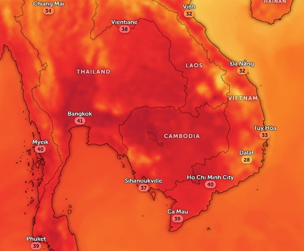 Nhiệt độ (cảm nhận thực tế) ở một số tỉnh, thành phố tại Đông Nam Á vào chiều nay, 25/3: Trời rất nóng. Ảnh: Zoom Earth, OpenStreetMap. Nhiệt độ (cảm nhận thực tế) ở một số tỉnh, thành phố tại Đông Nam Á vào chiều nay, 25/3: Trời rất nóng. Ảnh: Zoom Earth, OpenStreetMap.