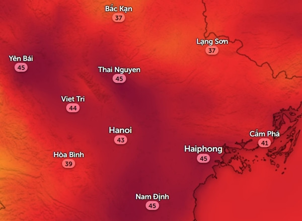 Nhiệt độ cảm nhận ở một số tỉnh thành miền Bắc vào trưa và chiều nay, 1/7. Ảnh: Zoom Earth, OpenStreetMap.