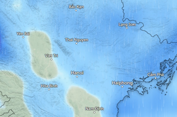 Dự báo mưa ở một số tỉnh thành miền Bắc vào chiều nay, 12/8 (những vùng màu xanh da trời là mưa nhỏ đến mưa vừa). Ảnh: Zoom Earth, OpenStreetMap. Dự báo mưa ở một số tỉnh thành miền Bắc vào chiều nay, 12/8 (những vùng màu xanh da trời là mưa nhỏ đến mưa vừa). Ảnh: Zoom Earth, OpenStreetMap.