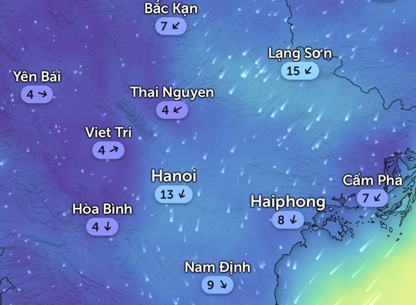 Hướng gió và tốc độ gió (km/h) ở một số tỉnh thành miền Bắc vào tối 22, sáng 23/10. Ảnh: Zoom Earth, OpenStreetMap.