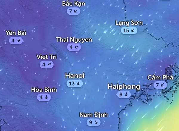 Hướng gió và tốc độ gió (km/h) ở một số tỉnh thành miền Bắc vào tối 22, sáng 23/10. Ảnh: Zoom Earth, OpenStreetMap.