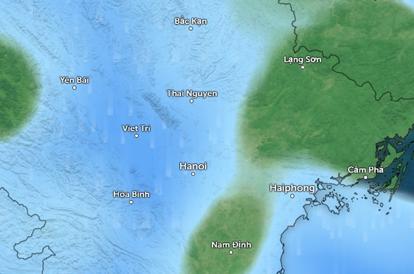 Dự báo mưa ở một số tỉnh thành miền Bắc vào chiều tối nay (những vùng màu xanh da trời là mưa nhỏ đến vừa). Ảnh: Zoom Earth, OpenStreetMap. Dự báo mưa ở một số tỉnh thành miền Bắc vào chiều tối nay (những vùng màu xanh da trời là mưa nhỏ đến vừa). Ảnh: Zoom Earth, OpenStreetMap.