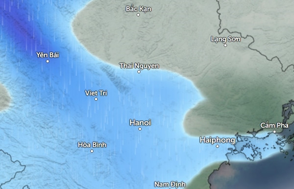 Rạng sáng đến sáng sớm thứ Hai, một số tỉnh thành miền Bắc vẫn có mưa rải rác (màu xanh da trời trong hình), chủ yếu là mưa nhỏ. Ảnh: Zoom Earth, OpenStreetMap. Rạng sáng đến sáng sớm thứ Hai, một số tỉnh thành miền Bắc vẫn có mưa rải rác (màu xanh da trời trong hình), chủ yếu là mưa nhỏ. Ảnh: Zoom Earth, OpenStreetMap.