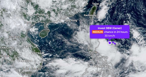 Vị trí của 98W trên bản đồ của Zoom Earth, dựa trên thông tin từ JTWC, vào sáng nay, 16/9. Ảnh: Zoom Earth, JMA.