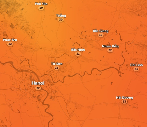 Nhiệt độ cảm nhận ở Hà Nội và một số khu vực lân cận vào sáng thứ Bảy, 8/6. Ảnh: Zoom Earth, OpenStreetMap.